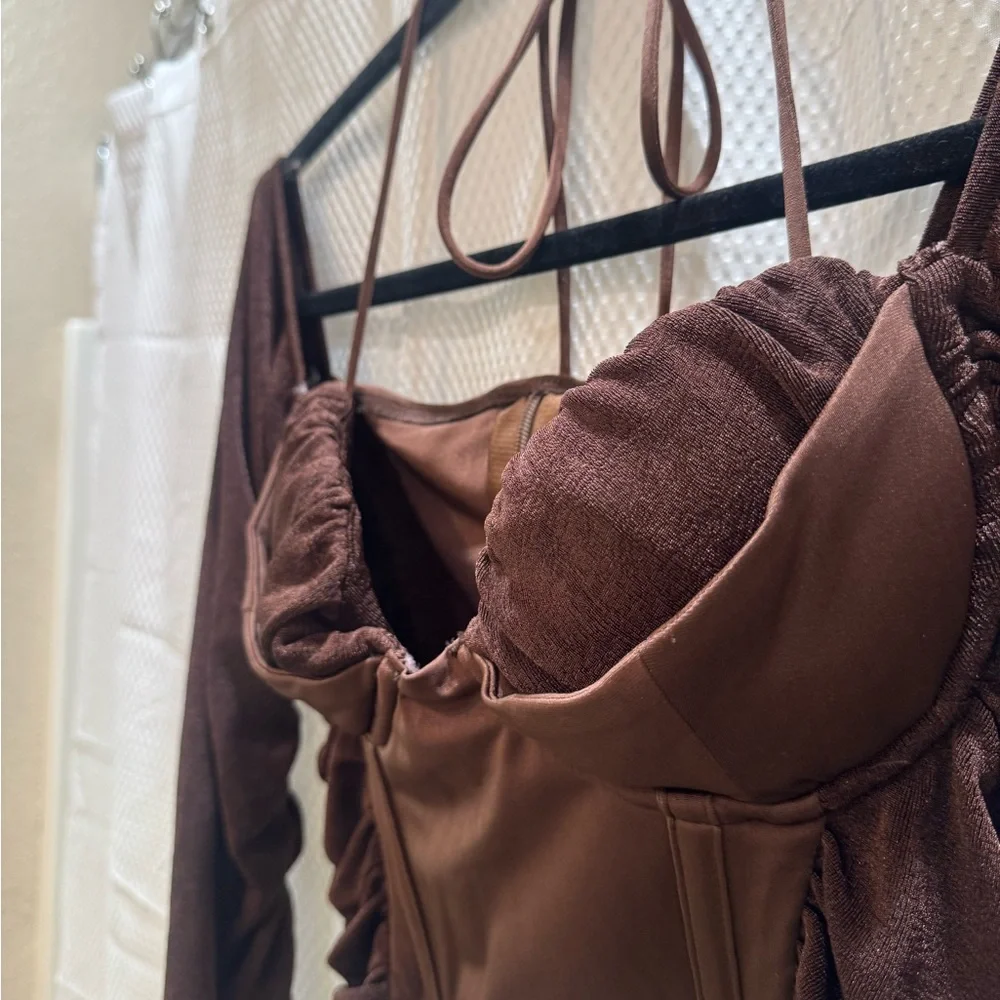 Bad Society Club Brown Ruched Corset Top XL  Long Sleeve Mesh Halter Crop Top - Picture 3 of 9